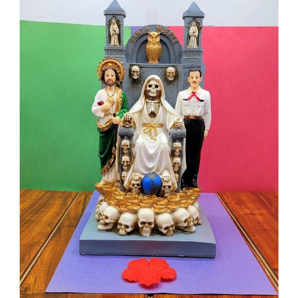 Santa Muerte Statue With Jesus Malverde & San Judas White Grim Reaper Sitting